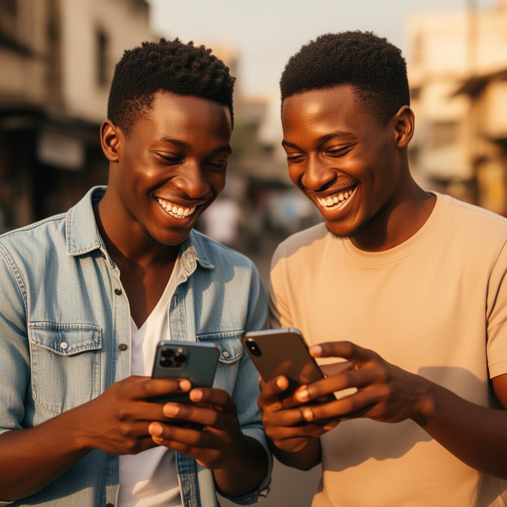 Two African friends smiling while looking at their phones together